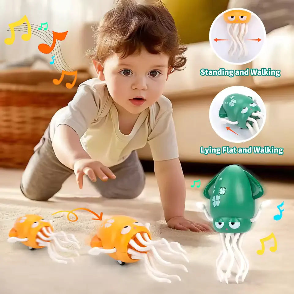 Boy crawling on the floor chasing a yellow dancing squid toy – musical octopus toy for crawling stimulation