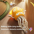 Orange squid toy crawling on floor avoiding obstacles – smart crawling toy with LED lights