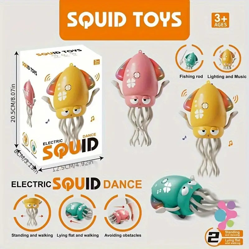 Product packaging with yellow squid toy and movement icons – viral TikTok dancing squid toy