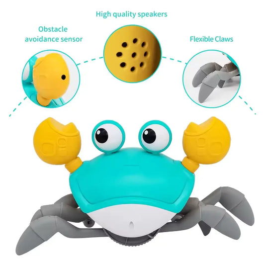 Yellow and teal crab toy parts labeled – obstacle sensor, speaker, and LED lighting features
