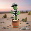 dancing cactus with grey hat in desert