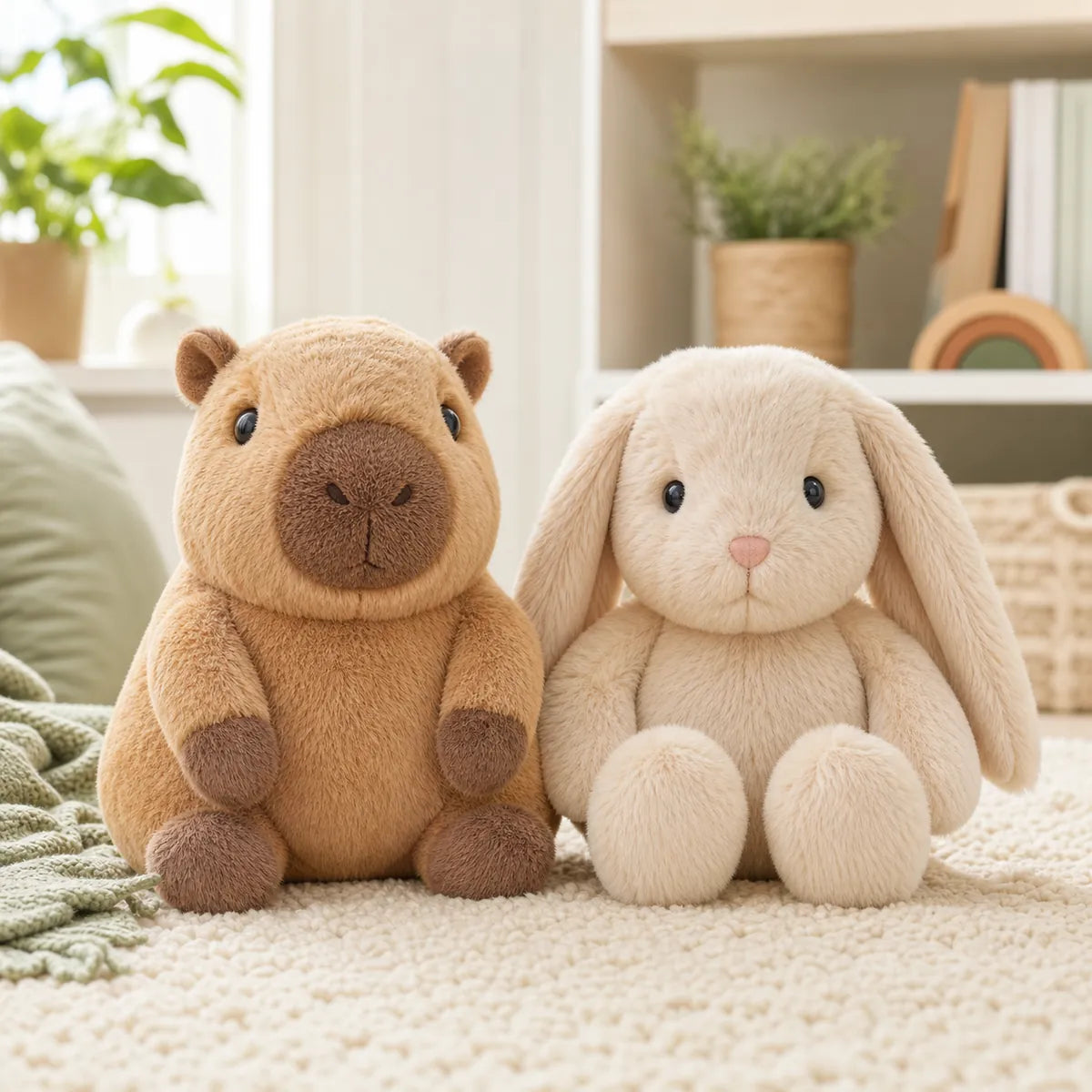 Capybara plush and bunny plush side by side in a child-friendly room