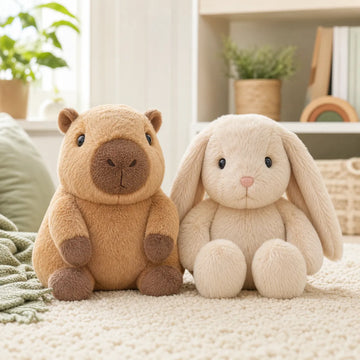 Capybara plush and bunny plush side by side in a child-friendly room