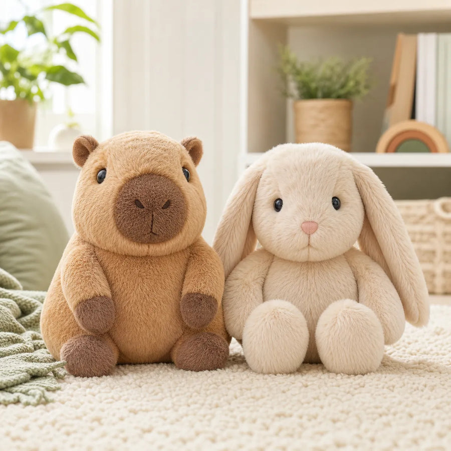 Capybara plush and bunny plush side by side in a child-friendly room