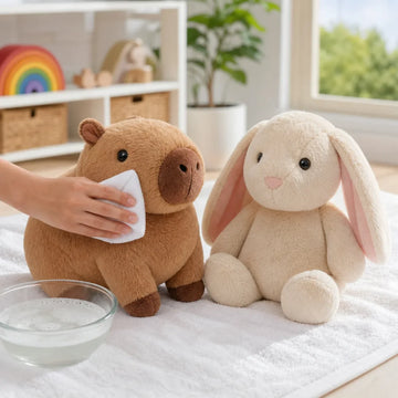 Adult spot cleaning capybara and bunny plush toys on a towel