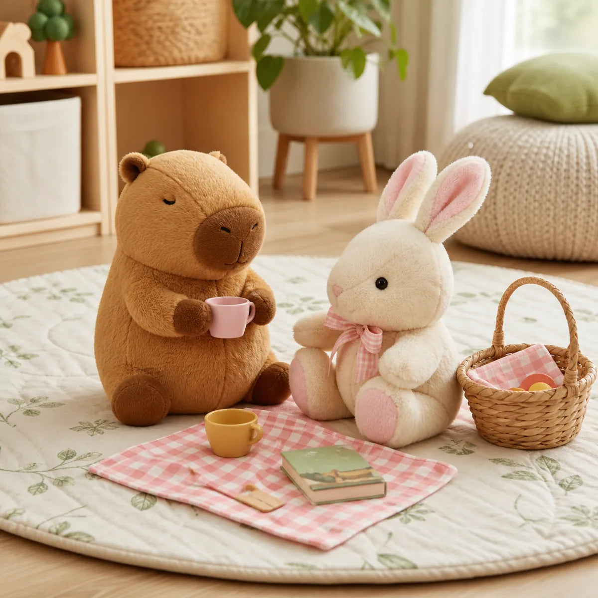 Capybara and bunny plush toys arranged for pretend play at home