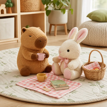 Capybara and bunny plush toys arranged for pretend play at home