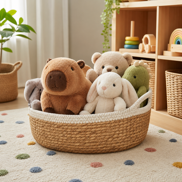Capybara and bunny plush toys stored neatly in a nursery basket