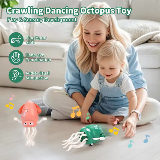 Toddler playing with a green dancing squid toy while smiling with parent – sensory crawling toy for kids